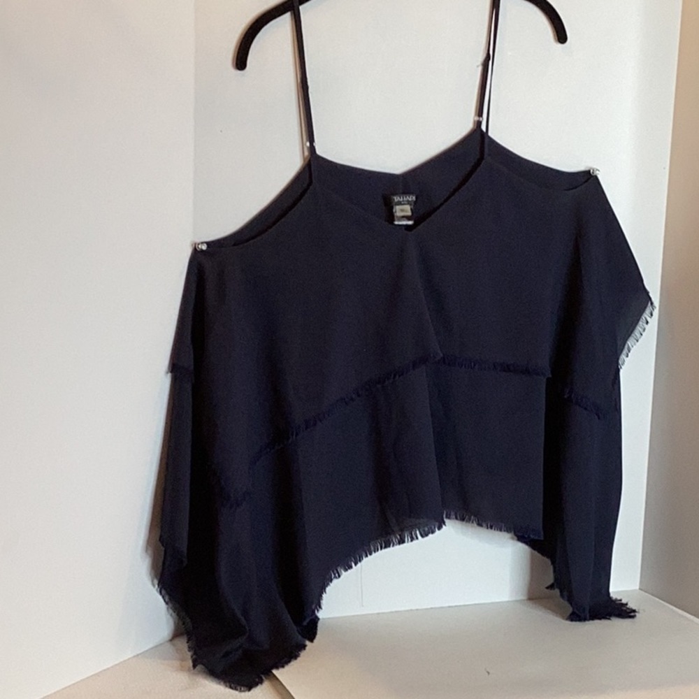 TAHARI Navy Spaghetti Strap Fringed Multiple Layered Floating Camisole